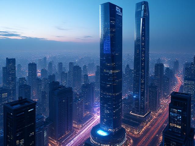 Tech Mares office building in a futuristic city, seen from above