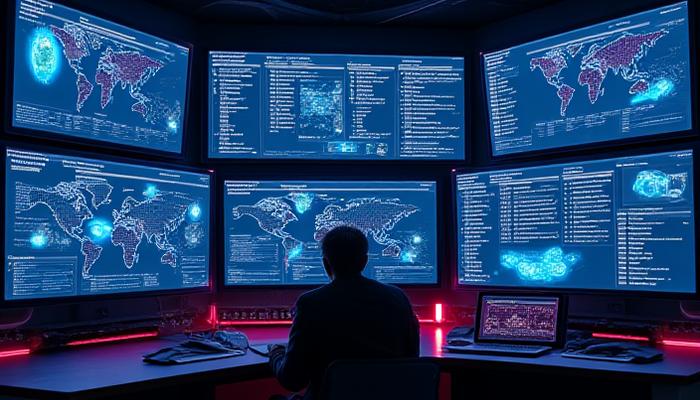 Cybersecurity dashboard with threat alerts and compliance reports