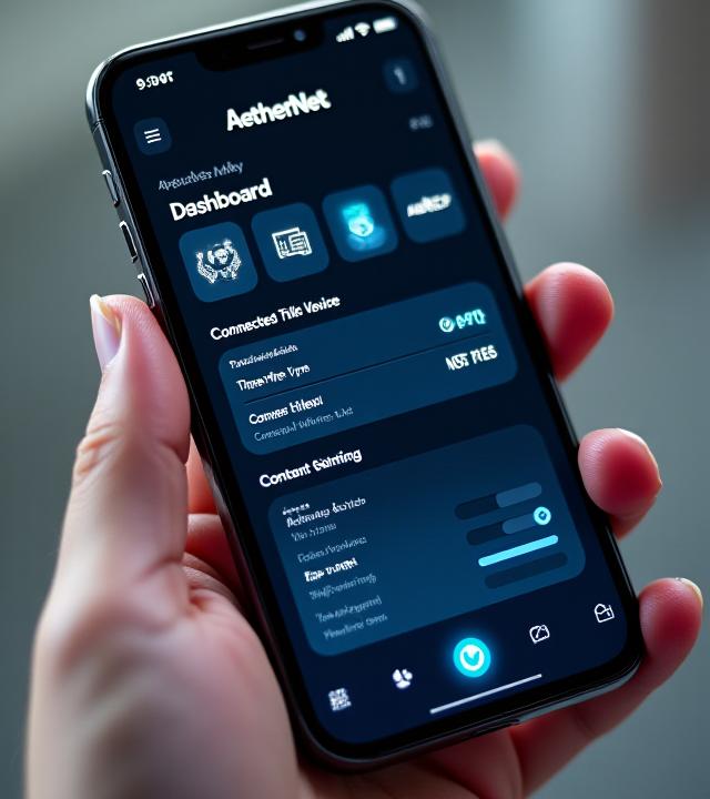 Tech Mares mobile app interface displayed on a sleek, modern smartphone, showing screens for connected devices, user profiles with time limits, and content filter settings.