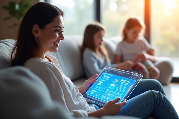 Parent smiling while easily managing home network settings on a futuristic transparent tablet, with children playing safely in a brightly lit, modern living room background.