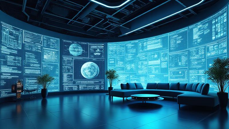An animated image showing a factory control room for enterprise IoT management, seamlessly transitioning to a modern smart home living room setup.