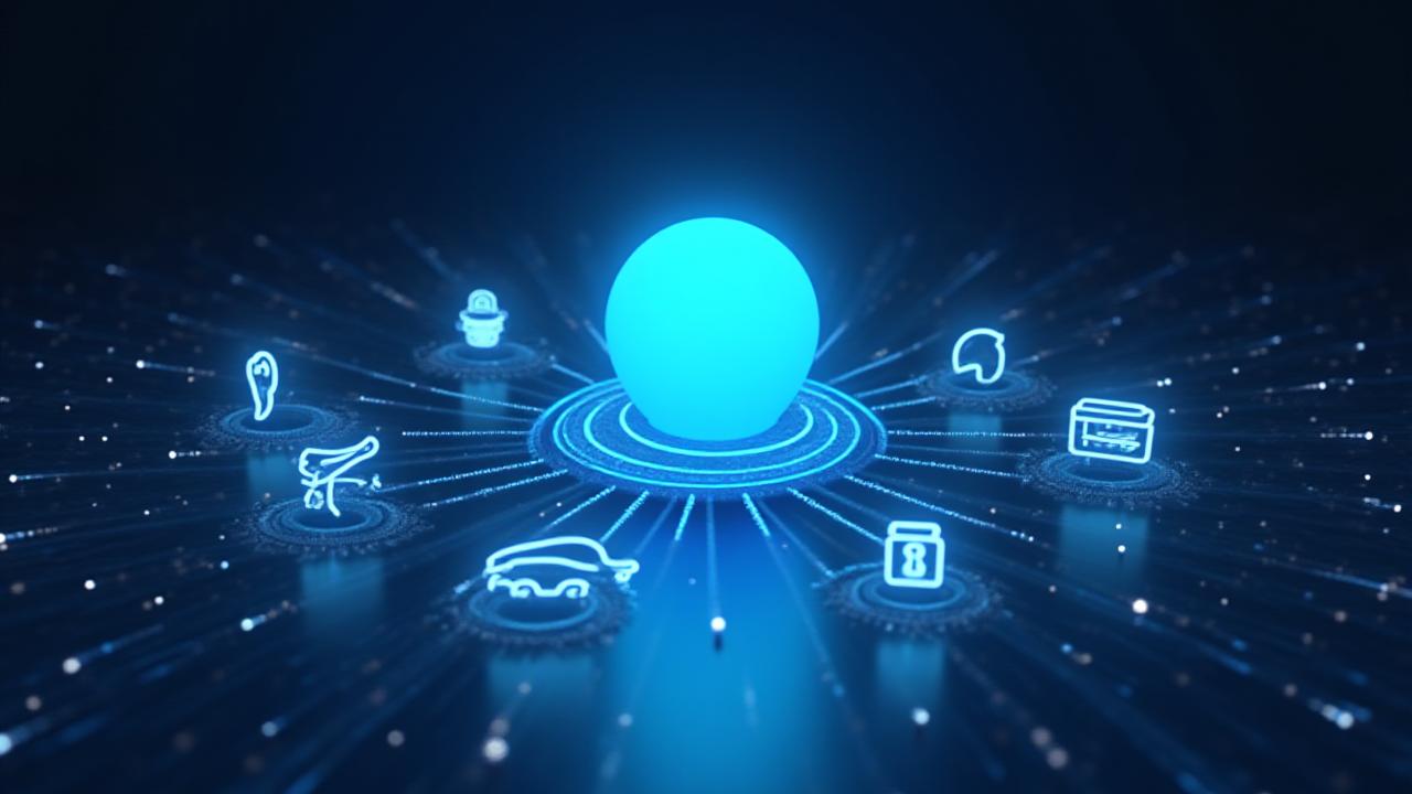 Animation of diverse IoT device icons (sensors, cameras, vehicles) connecting to a central glowing hub, representing Tech Mares's centralized IoT management.